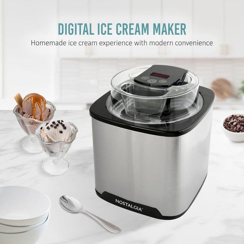 Nostalgia 2-Quart Electric Ice Cream Maker – Make Homemade Ice Cream, Gelato, Sorbet & Frozen Yogurt – No Salt/Ice Needed, Digital Controls, Mix-In Chute & Freezing Gel Canister – Stainless Steel - Image 2